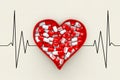 Red Heart Box with Pills on a Cardiogram Background. 3d Rendering