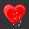 Red heart broken sewn with needle and thread vector design Royalty Free Stock Photo