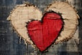 Red heart on burlap, old shabby fabric, valentines day background. Generative AI Royalty Free Stock Photo