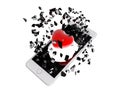 Red heart burst out of the smartphone. Royalty Free Stock Photo