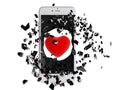 Red heart burst out of the smartphone. Royalty Free Stock Photo