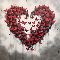 Red heart with red butterflies on a gray dusky background. Heart as a symbol of affection and