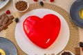 Red heart cake . Valentines Day dessert.Mousse Cakes and chocolate decor .wedding dessert cake with berries.Cake for a Royalty Free Stock Photo