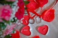 Red heart candles . Red rose petals . Gold wedding rings Royalty Free Stock Photo