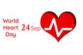 A red heart with a cardiogram on it, on a white background. Text. Concept of world heart day, September 24