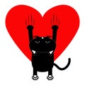 Red heart. Cartoon black cat. Back view. Red bloody claws animal scratch scrape track. Cute funny character with face. White backg