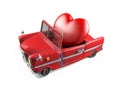 Red heart in cartoon sport car, Valentines Day Theme Concept, 3d rendering Royalty Free Stock Photo