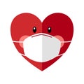 Red heart cartoon wearing medical face mask. Love in covid19 Coronavirus quarantine pandemic times.