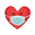 Red heart cartoon wearing protective mask. love in Covid-19 Coronavirus quarantine.