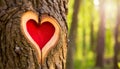 Red Heart Carved Into a Tree Trunk in a Green Forest - Generative Ai Royalty Free Stock Photo