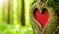 Red Heart Carved Into a Tree Trunk in a Green Forest - Generative Ai