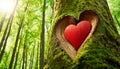 Red Heart Carved Into a Tree Trunk in a Green Forest - Generative Ai