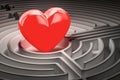 Red heart at the center of a maze, finding Love concept. 3D rend