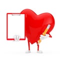 Red Heart Character Mascot with Red Plastic Clipboard, Paper and Pencil. 3d Rendering Royalty Free Stock Photo