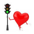 Red Heart Character Mascot with Traffic Green Light. 3d Rendering