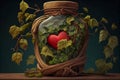 Red Heart closed in a glass jar. Wrapped in ivy that tries to suffocate love. Love background illustration.