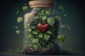 Red Heart closed in a glass jar. Wrapped in ivy that tries to suffocate love. Love background illustration.