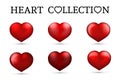 Red heart collections. Set of six realistic hearts isolated on white background. 3d icons. Valentine s day vector illustration. Royalty Free Stock Photo