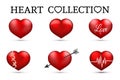 Red heart collections. Set of six realistic hearts isolated on white background. 3d icons. Valentine s day vector illustration. Royalty Free Stock Photo