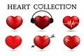 Red heart collections. Set of six realistic hearts isolated on white background. 3d icons. Valentine s day vector illustration. Royalty Free Stock Photo