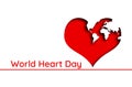 A red heart with continents depicted on it, on a white background. Text. Concept of world heart day