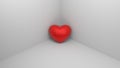 Red heart in a corner. Alone, lonely, loneliness heart. 3D-rendering