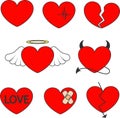 Red heart of the correct form in several options. Heart with wings, heart with horns.