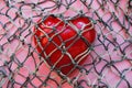 Red heart covered with mesh. concept of rejection of love, prohibition of free expression of emotions, concept of constraint ,