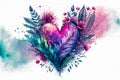 Red heart covered with twigs, flowers and feathers. Watercolor background. Template design for yours gift card idea.