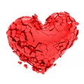 Red heart crumbling into pieces. Heart assembled from pieces. Broken heart on a white background. 3d rendering.