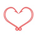 Red heart 3d icon on white. Fish hooks in heart shape. The concept of love of fishing. Vector Illustration. Royalty Free Stock Photo