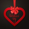 Red heart with decorative bow, Happy Valentine`s Day card, vector illustration Royalty Free Stock Photo