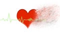 red heart that disintegrates into dust with the heartbeat line that stops on a white background