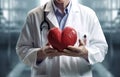 Red heart in doctor's hands.Healthcare and hospital medical concept,organ donation concept.. Generative AI