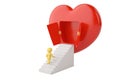 Red heart with doors open and character on stairs.3D illustration. Royalty Free Stock Photo