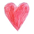 Red heart drawn by a child on white background