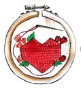 A red heart embroidered with a cross in an embroidery frame. Royalty Free Stock Photo