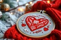 Red heart - embroidery in hoop, love and needlework for Valentine's Day. Generative AI