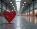 Red heart in empty warehouse. Blurred lights. Steel structure industrial space perspective. Concrete floor background sharpened. Royalty Free Stock Photo