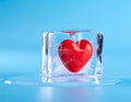 Red heart encased in ice cube symbolizing frozen emotions on blue background Royalty Free Stock Photo