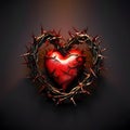 Red heart entwined with a crown of thorns on a dark background. Heart as a symbol of affection and