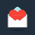 Red heart in envelope Valentine`s day concept flat design