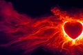 Red heart explodes into a cloud of red smoke fire flame that billows out. Love, passion, hell concept. Generative AI