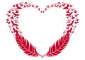 Red heart with feathers and flying birds, vector