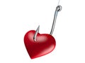 Red heart on the fishing hook isolated on white Royalty Free Stock Photo