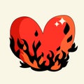 Red heart with flames. Vector flat illustration. Bright shining blazing heart and love Royalty Free Stock Photo