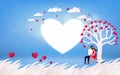 Red heart flower on pink background with couple kissing under l