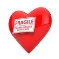 Red Heart with Fragile, Please Handle With Care Sign. 3d Rendering