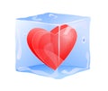 Red heart frozen in ice cube