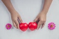 Red heart on girl hand. concept for valentine`s day Royalty Free Stock Photo